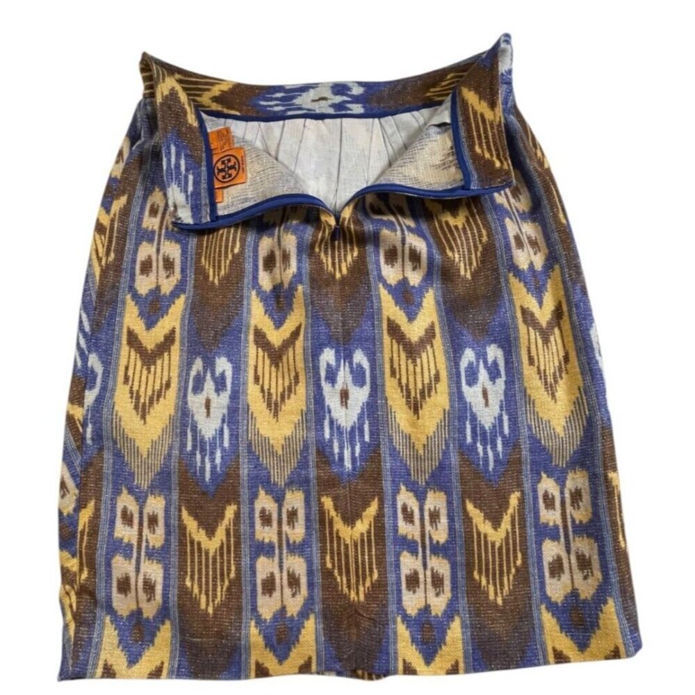 Tory Burch Ikat Linen Blend Pleated Skirt Blue Yellow Brown 8 - Picture 8 of 8